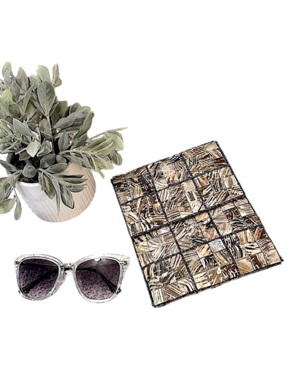 Unique Patchwork Sea Shell Clutch Pouch Bag Purse & Sunglasses Bundle